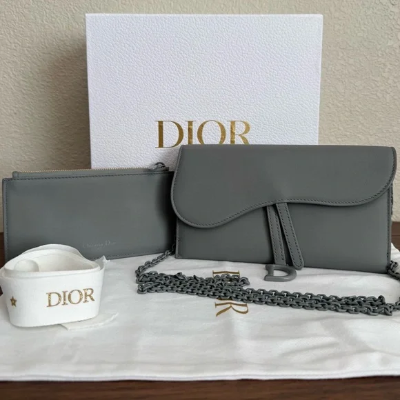DIOR Ultra Matte Calfskin Leather Saddle Wallet on Chain in Grey - Picture 10 of 10